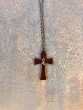Brown Wooden Cross Necklace with Silver Accent